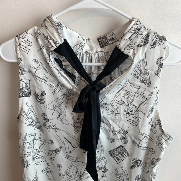 White House Black Market White & Black France Themed Sleeveless Blouse - Picture 5 of 6